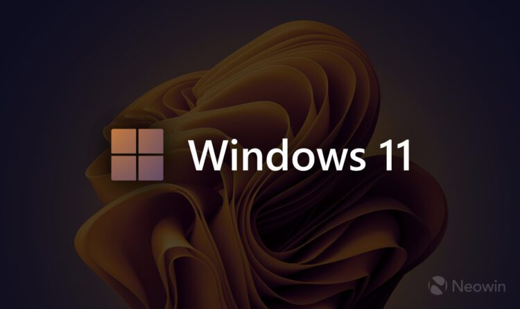 لوگوی چهارپنجرهای و عبارت “Windows 11” روی پسزمینهای تیره با طرح سهبعدی طلایی؛ نشان Neowin در گوشه پایین تصویر دیده میشود