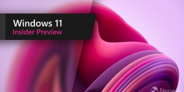 بنر Windows 11 Insider Preview با نوشته سفید و صورتی روی پسزمینه انتزاعی ویندوز ۱۱ به رنگهای صورتی، ارغوانی و قرمز