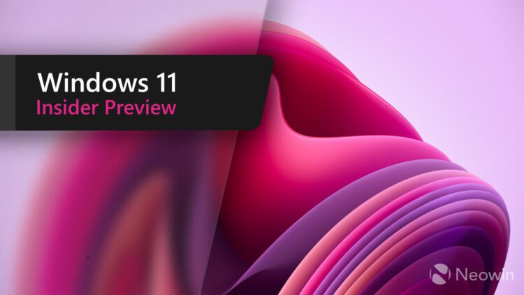 بنر Windows 11 Insider Preview با نوشته سفید و صورتی روی پسزمینه انتزاعی ویندوز ۱۱ به رنگهای صورتی، ارغوانی و قرمز