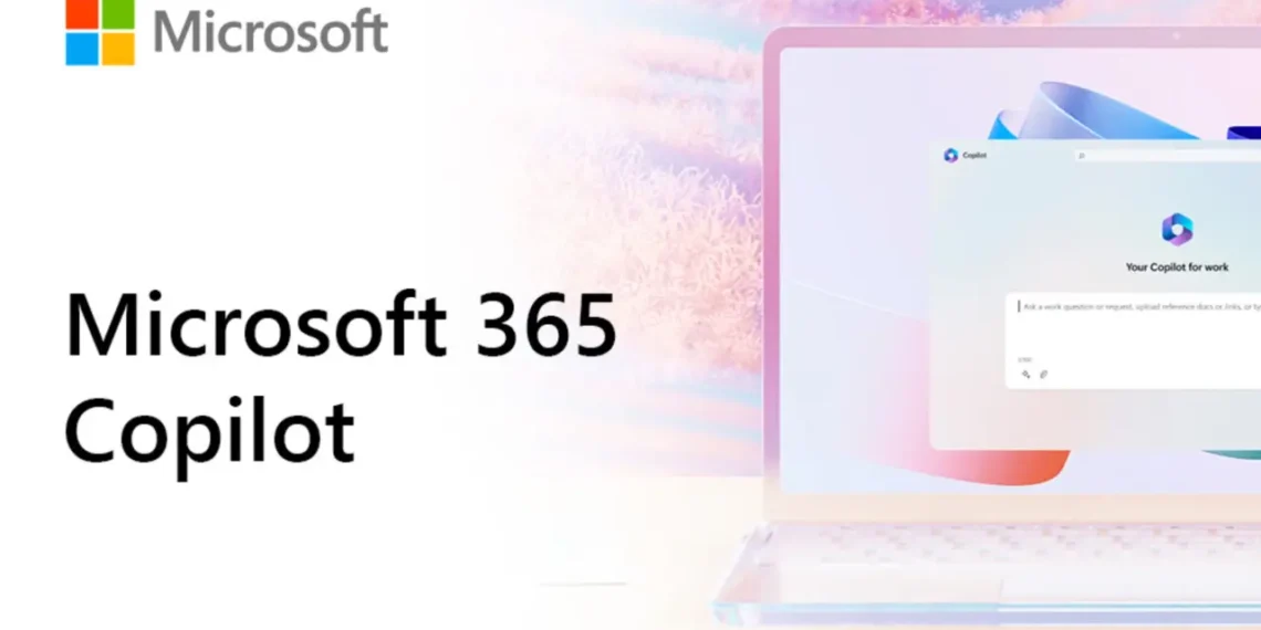 پوستر رسمی معرفی Microsoft 365 Copilot با لوگوی رنگارنگ مایکروسافت؛ در سمت راست، تصویری از لپتاپ با محیط کاربری ویندوز و پنجره چت کوپایلوت برای کسبوکار (Your Copilot for work) در پسزمینهای با تم پاستلی ملایم قرار دارد