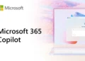 پوستر رسمی معرفی Microsoft 365 Copilot با لوگوی رنگارنگ مایکروسافت؛ در سمت راست، تصویری از لپتاپ با محیط کاربری ویندوز و پنجره چت کوپایلوت برای کسبوکار (Your Copilot for work) در پسزمینهای با تم پاستلی ملایم قرار دارد