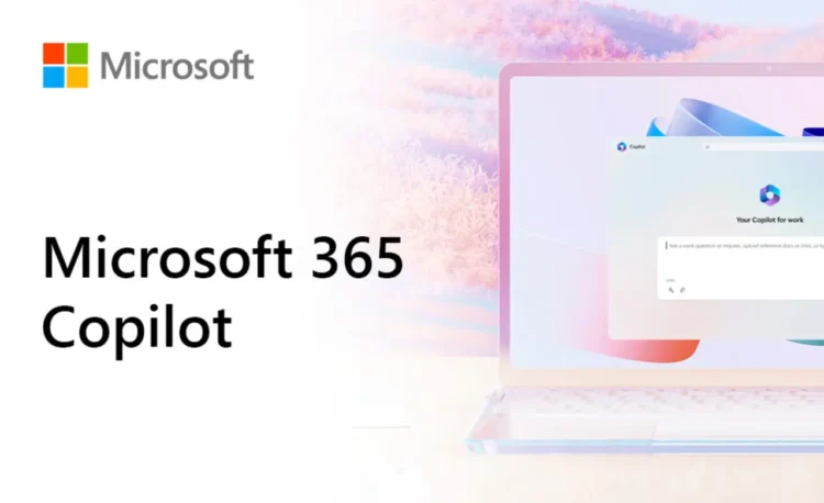 پوستر رسمی معرفی Microsoft 365 Copilot با لوگوی رنگارنگ مایکروسافت؛ در سمت راست، تصویری از لپتاپ با محیط کاربری ویندوز و پنجره چت کوپایلوت برای کسبوکار (Your Copilot for work) در پسزمینهای با تم پاستلی ملایم قرار دارد