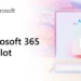 پوستر رسمی معرفی Microsoft 365 Copilot با لوگوی رنگارنگ مایکروسافت؛ در سمت راست، تصویری از لپ‌تاپ با محیط کاربری ویندوز و پنجره چت کوپایلوت برای کسب‌وکار (Your Copilot for work) در پس‌زمینه‌ای با تم پاستلی ملایم قرار دارد
