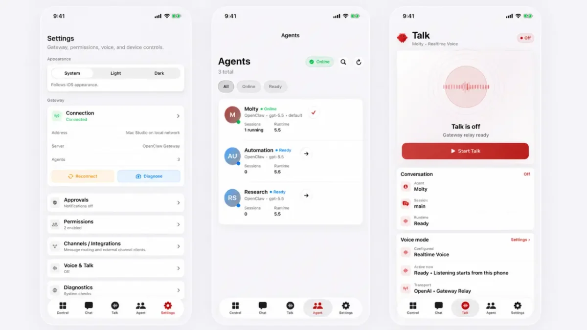 سه اسکرین شات از رابط کاربری برنامه OpenClaw روی آیفون شامل بخش تنظیمات، لیست عامل‌های هوش مصنوعی و بخش گفتگو
