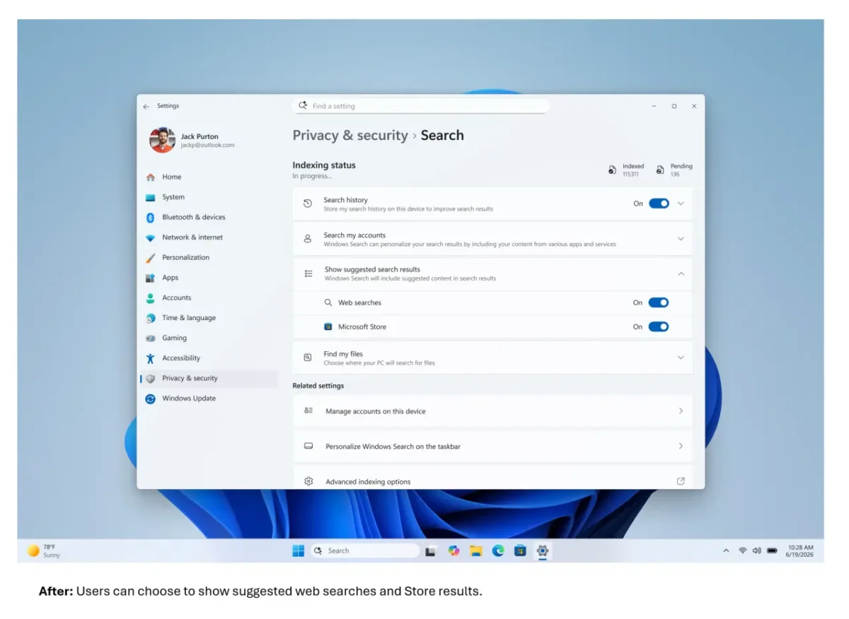 نمای صفحه تنظیمات ویندوز ۱۱ در بخش Privacy & security > Search؛ که در آن گزینههایی برای فعال یا غیرفعال کردن جستوجوی وب، نتایج فروشگاه مایکروسافت و فایلهای شخصی وجود دارد، به همراه وضعیت ایندکسگذاری (Indexing status) که تعداد موارد ایندکس شده و در انتظار را نمایش میدهد.