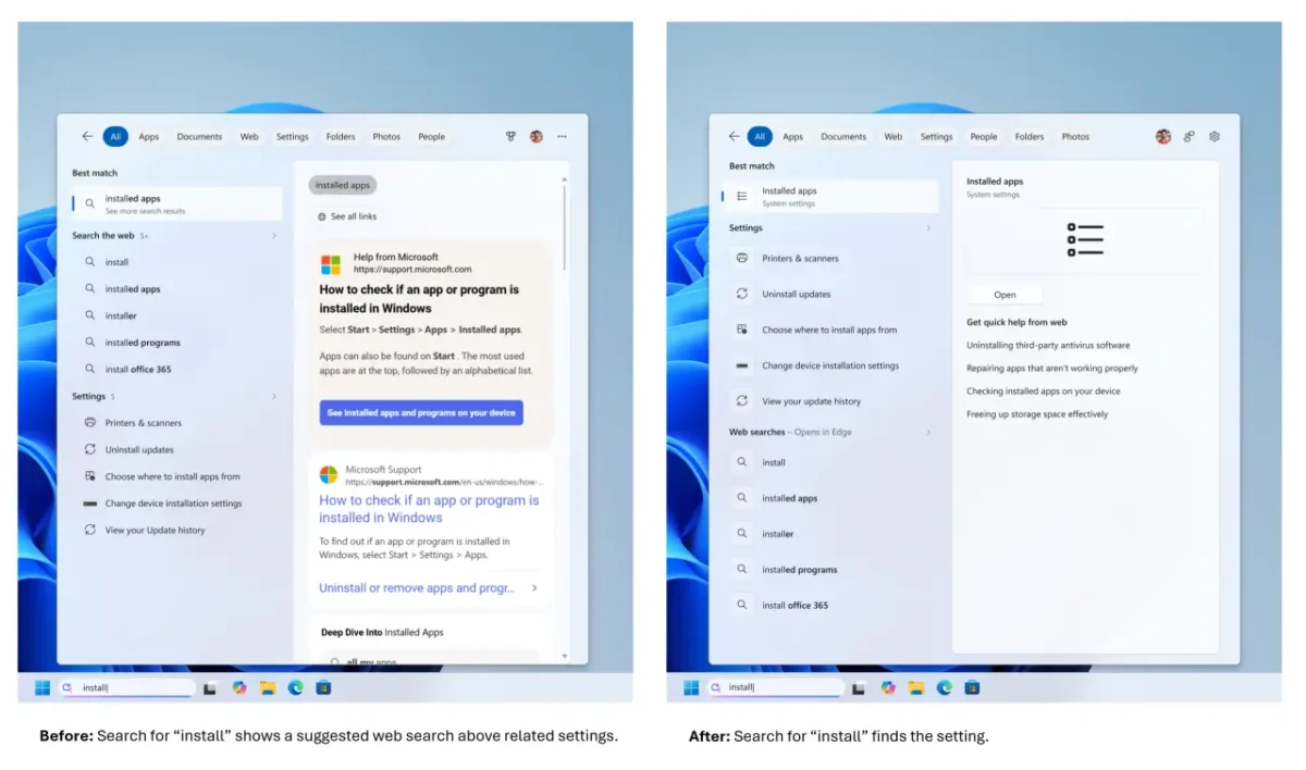 مقایسه نتایج جستوجوی عبارت “install”؛ در نسخه قبل، جستوجوی وب به عنوان نتیجه پیشنهادی نمایش داده میشد، اما در نسخه بهبودیافته، بخش “Installed apps” به عنوان بهترین نتیجه مستقیم پیدا شده و گزینههایی برای مدیریت برنامهها ارائه میشود.