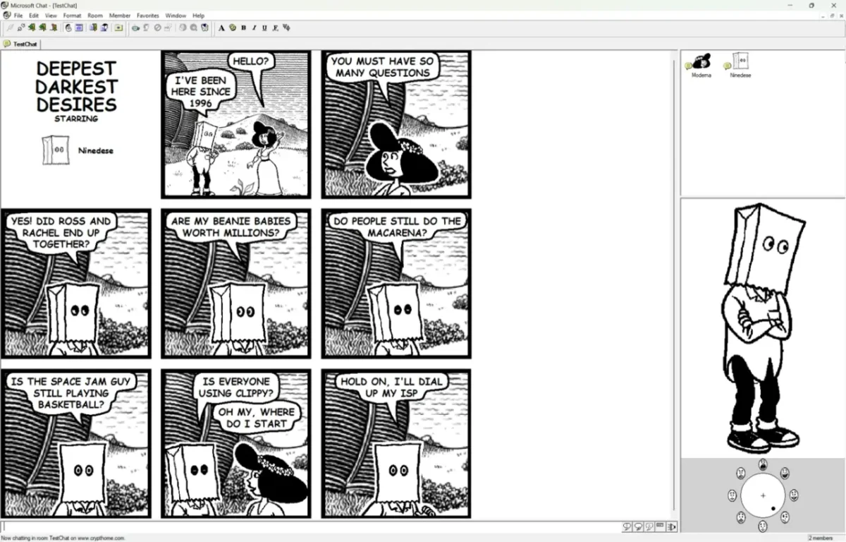 رابط قدیمی Microsoft Comic Chat با یک کمیک نُهپنلی با عنوان “Deepest Darkest Desires” که در آن کاراکتری با سرِ کیسهکاغذی درباره فرهنگ پاپ دهه ۱۹۹۰ سؤال میپرسد.