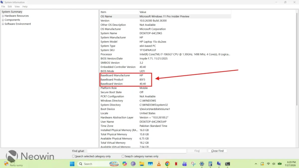 «پنجره Windows System Information که جزئیات مادربرد لپتاپ HP را نشان میدهد؛ بخش BaseBoard با کادر قرمز و فلش مشخص شده است.»