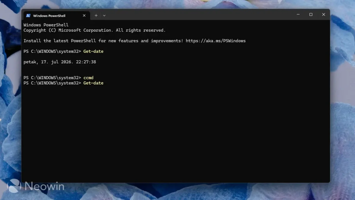اسکرینشات از محیط Windows PowerShell که اجرای دستور Get-date را نشان میدهد؛ خروجی دستور تاریخ جمعه ۱۷ جولای ۲۰۲۶ و زمان ۲۲:۲۷:۳۸ را در مسیر سیستمعامل ویندوز نمایش میدهد