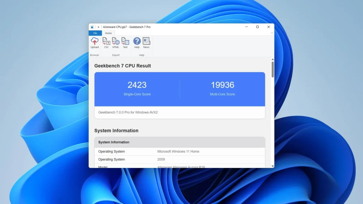 اسکرینشات از پنجره نرمافزار Geekbench 7 Pro در سیستمعامل ویندوز ۱۱ که نتایج بنچمارک پردازنده سیستم Alienware Aurora R16 را با امتیاز تکهستهای ۲۴۲۳ و امتیاز چندهستهای ۱۹۹۳۶ در کادرهای آبیرنگ نمایش میدهد