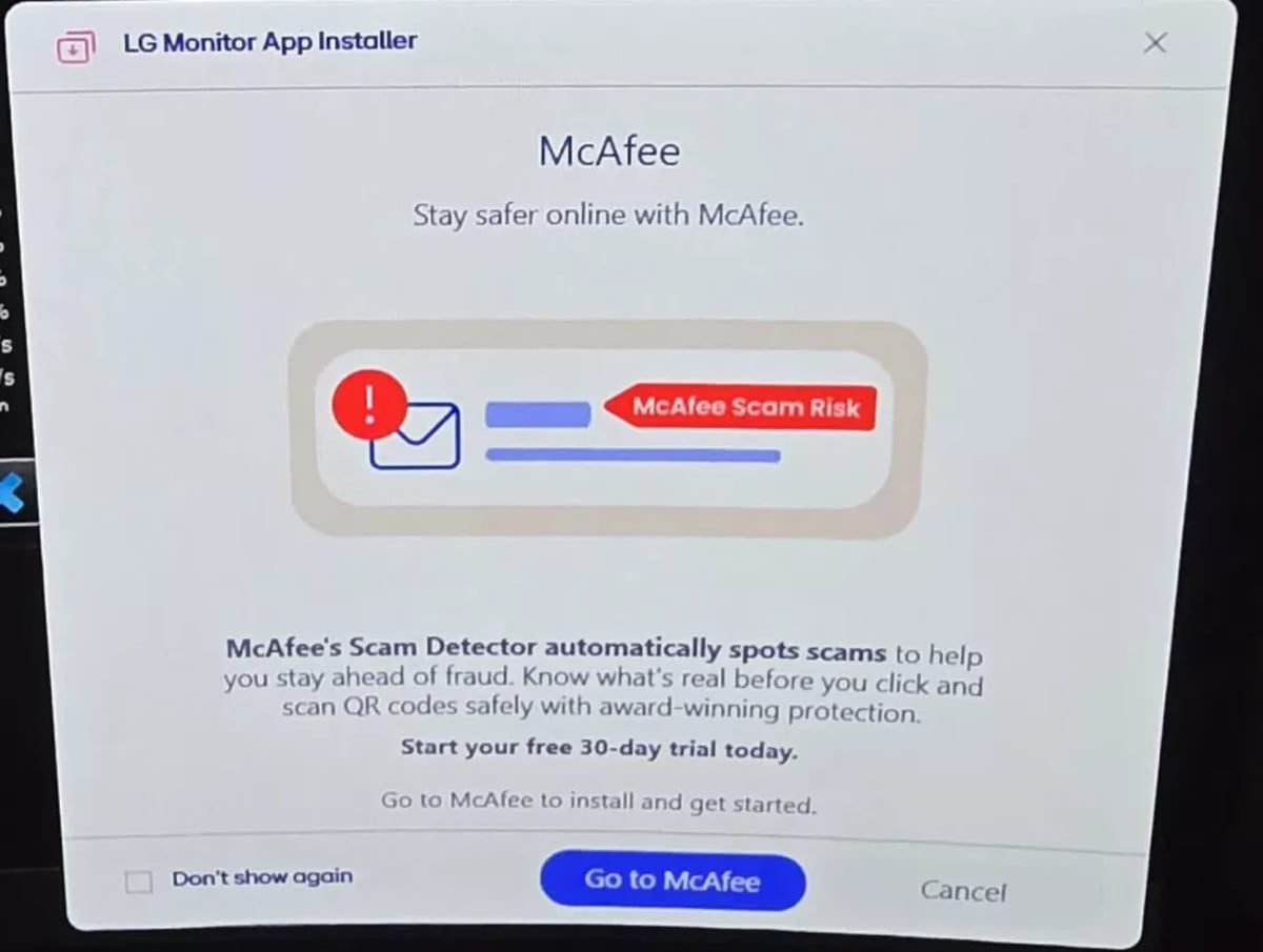 پنجرهی LG Monitor App Installer که یک پیشنهاد تبلیغاتی برای McAfee را نمایش میدهد؛ متن “Stay safer online with McAfee” دیده میشود، همراه با گرافیک تشخیص کلاهبرداری و دکمههای “Don’t show again”، “Go to McAfee” و “Cancel”.