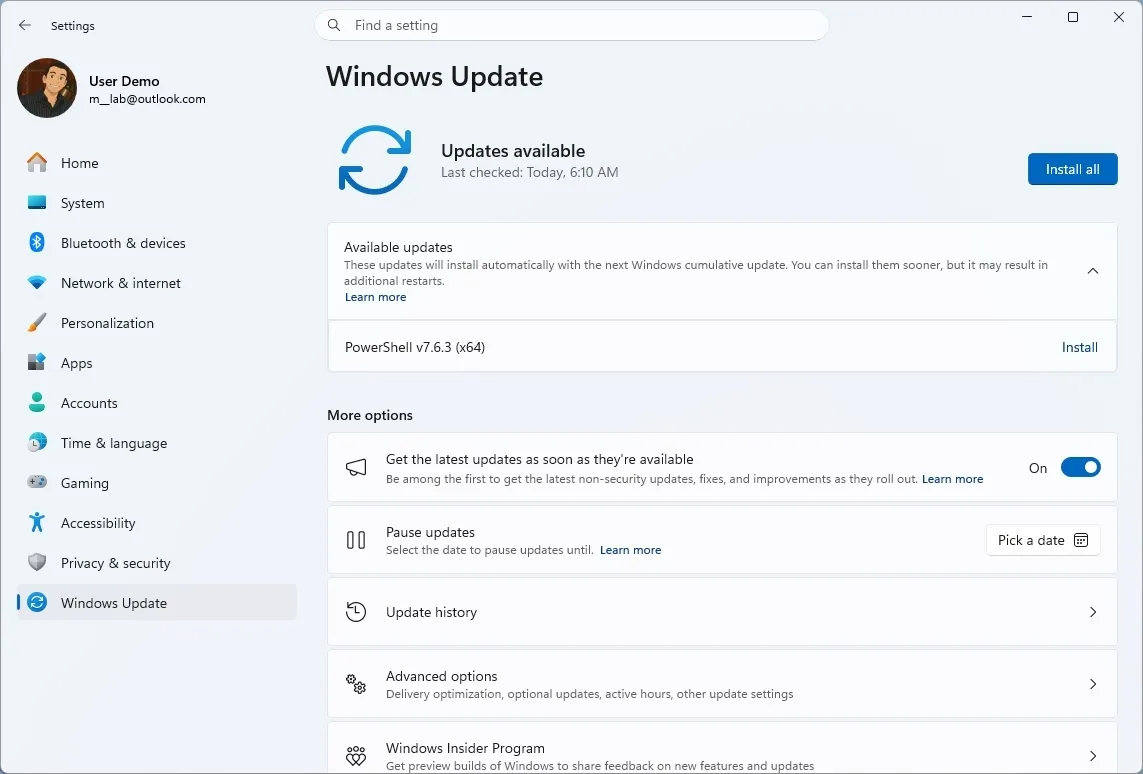 برنامه Settings ویندوز ۱۱ با صفحه تنظیمات Windows Update