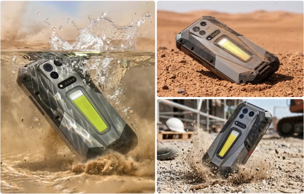 آزمایش مقاومت گوشی 8849 Tank 5 در برابر آب، گردوغبار و ضربه برای نمایش دوام بدنه مقاوم این دستگاه.