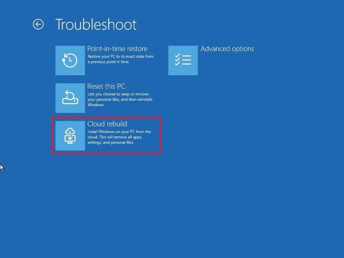 این تصویر محیط بازیابی ویندوز را در صفحه Troubleshoot نشان میدهد که گزینه Cloud Rebuild در آن مشخص شده است.