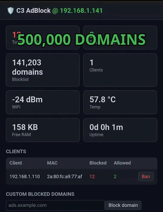 داشبورد تیره C3 AdBlock روی آدرس 192.168.1.141 که عبارت 500,000 DOMAINS را نشان میدهد؛ همچنین تعداد دامنههای بلاکلیست، یک کلاینت، دمای 57.8 درجه، رم آزاد و آمار مسدودسازی کلاینتها نمایش داده شده است