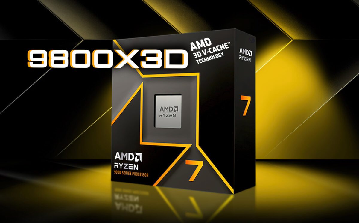 تصویر تبلیغاتی جعبه پردازنده AMD Ryzen 7 9800X3D با فناوری 3D V-Cache در پس زمینه ای مشکی و طلایی؛ نام 9800X3D به صورت بزرگ در سمت چپ دیده میشود و جعبه محصول با طراحی مشکی، نارنجی و لوگوی Ryzen در مرکز تصویر قرار دارد