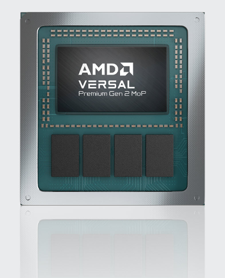 نمای نزدیک از ساختار فیزیکی پکیج تراشه AMD Versal Premium Gen 2 MoP و ماژول های حافظه یکپارچه روی سطح سفید بازتاب دهنده