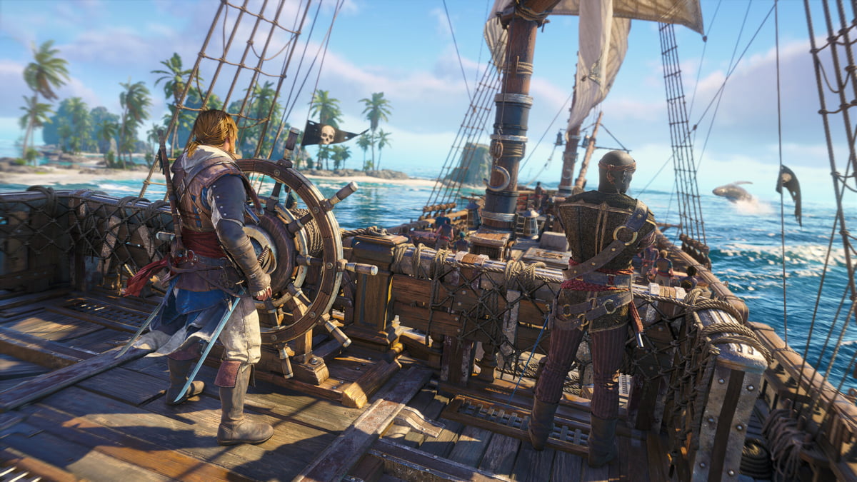 نمایی از عرشه کشتی در بازی Assassin’s Creed Black Flag با کیفیت بصری ارتقا یافته؛ شخصیت اصلی پشت سکان ایستاده و در کنار او یک همراه حضور دارد، در حالی که در دوردست یک نهنگ از آب بیرون پریده است.