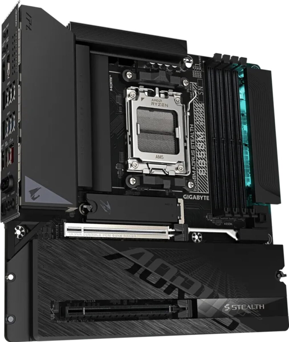 نمای نزدیک از مادربرد مشکی Gigabyte AORUS Stealth با سوکت AM5، چهار اسلات DDR5، هیتسینکهای خاکستری و نورپردازی آبی-فیروزهای.