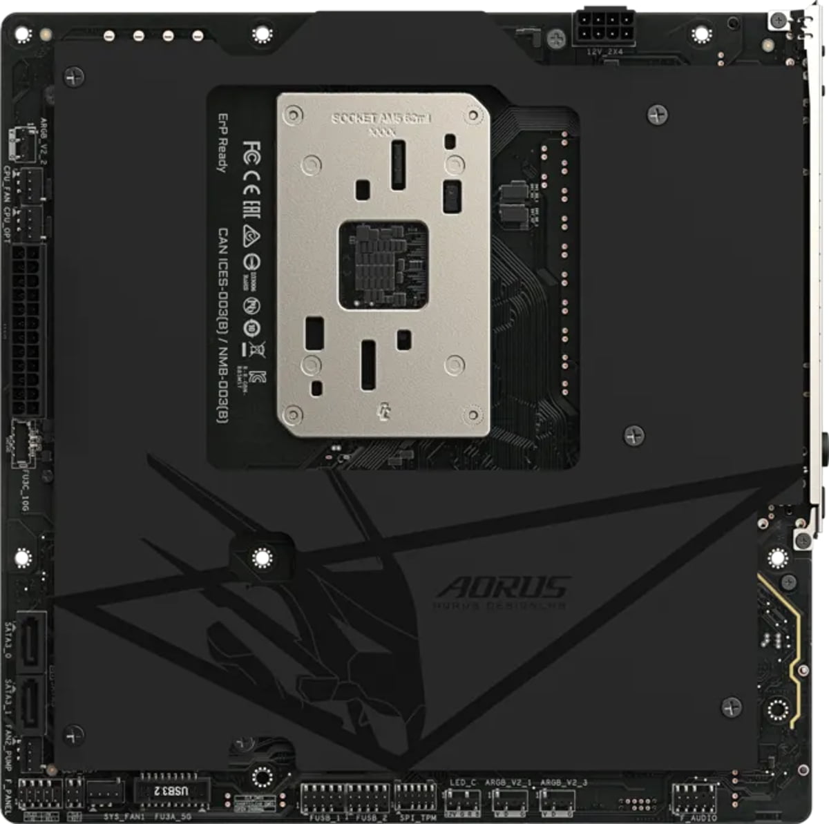 نمای مستقیم از صفحه پشتی فلزی مادربرد AORUS با سوکت AM5 در مرکز و لوگوی AORUS در پایین.