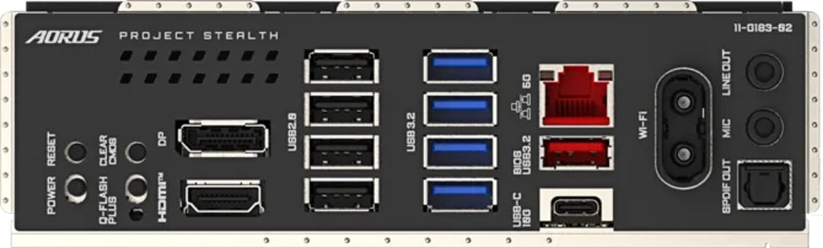 پنل ورودی و خروجی پشتی مادربرد AORUS Project Stealth با پورتهای USB، HDMI، DisplayPort، USB-C، اترنت 5G، Wi-Fi و دکمههای کنترلی.