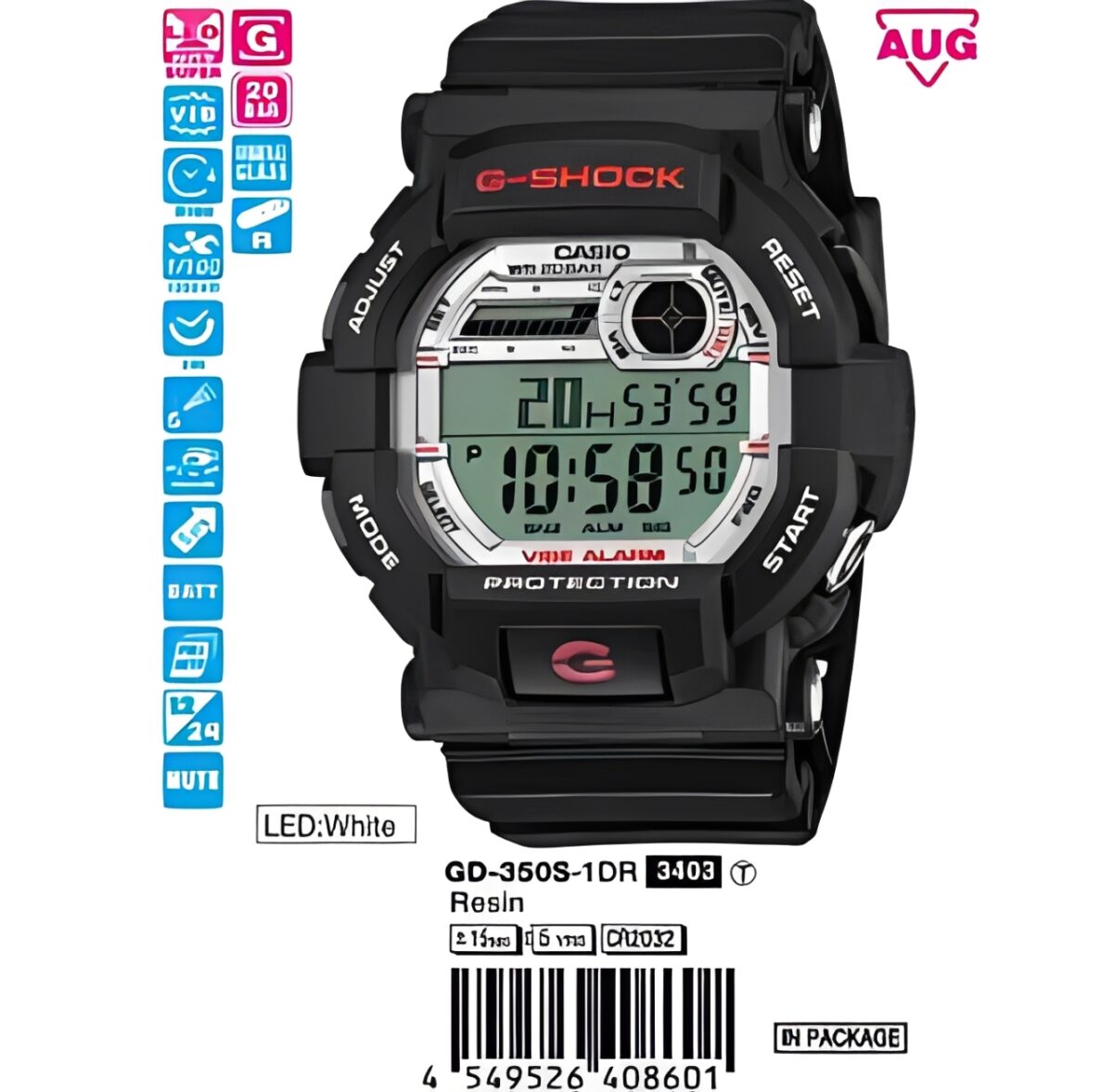 نمای نزدیک ساعت G-Shock GD-350S-1 با نمایشگر دیجیتال و نور پسزمینه سفید
