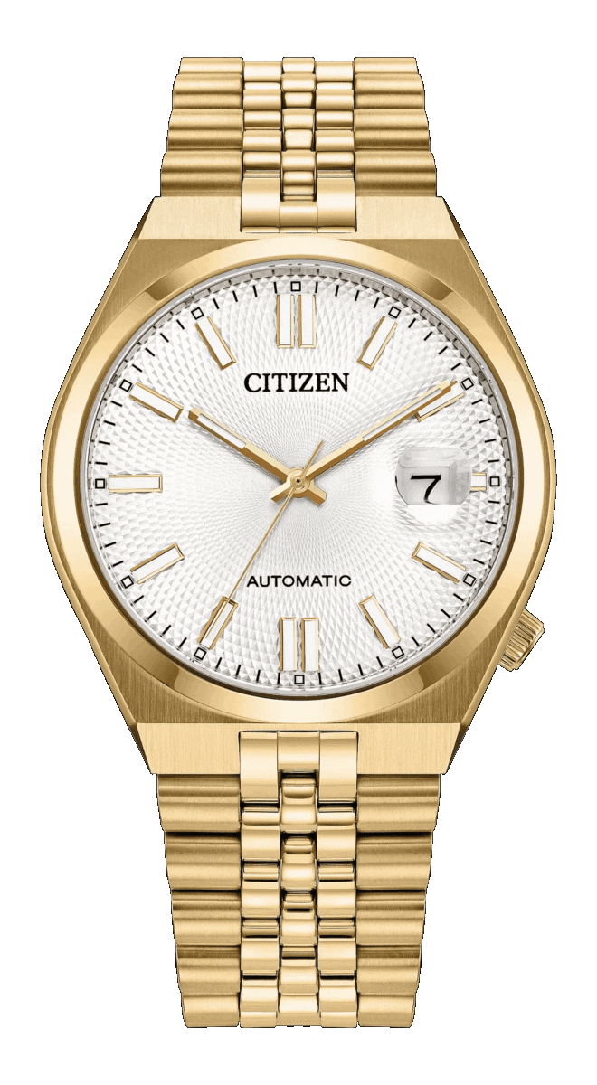 نمای جلویی ساعت Citizen Tsuyosa 60 با بند استیل طلایی و قاب ۴۰ میلی‌متری