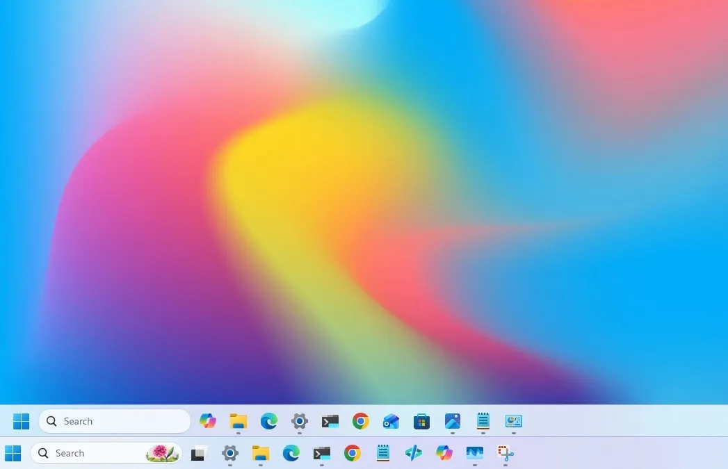 اسکرین‌شات از دسکتاپ ویندوز ۱۱ با دو نوار وظیفه (Taskbar) در پایین صفحه ویندوز. نوار وظیفه اصلی در وسط و نوار وظیفه دوم در سمت راست تراز شده است که هر دو شامل آیکون‌های برنامه‌هایی مانند Edge، Chrome، File Explorer و Settings هستند؛ این نمایانگر یک باگ یا قابلیت نمایشی غیرمعمول است