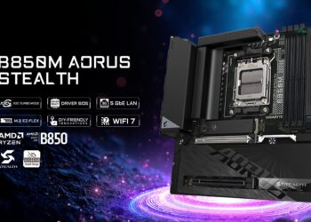 تصویر تبلیغاتی مادربرد Gigabyte B850M AORUS Stealth در نمای سهربع، با سوکت AMD AM5 و نورپردازی بنفش و آبی در پسزمینه فضایی.