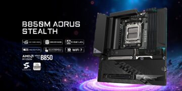 تصویر تبلیغاتی مادربرد Gigabyte B850M AORUS Stealth در نمای سه‌ربع، با سوکت AMD AM5 و نورپردازی بنفش و آبی در پس‌زمینه فضایی.