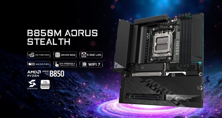 تصویر تبلیغاتی مادربرد Gigabyte B850M AORUS Stealth در نمای سهربع، با سوکت AMD AM5 و نورپردازی بنفش و آبی در پسزمینه فضایی.