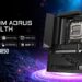 تصویر تبلیغاتی مادربرد Gigabyte B850M AORUS Stealth در نمای سهربع، با سوکت AMD AM5 و نورپردازی بنفش و آبی در پسزمینه فضایی.