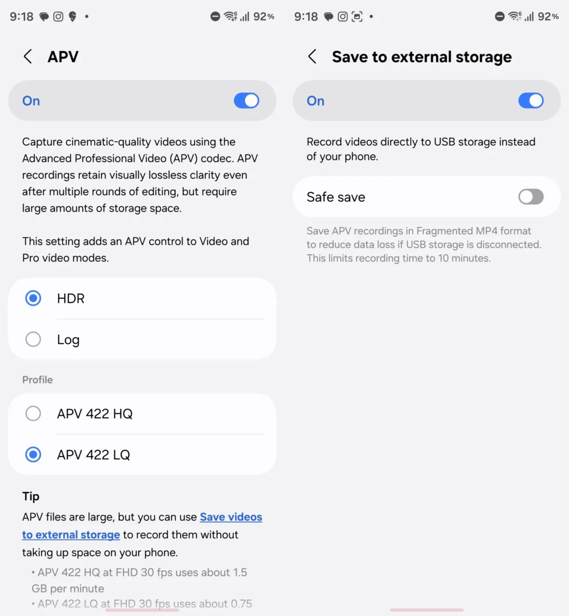 تنظیمات کدک APV در دوربین گلکسی Z Fold 8 Ultra