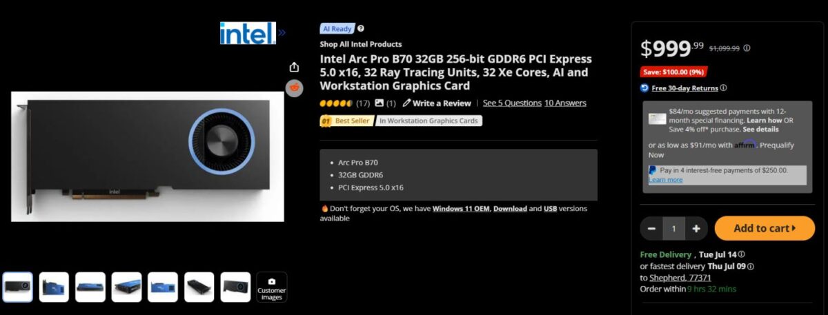 اسکرین‌شات صفحه محصول کارت گرافیک Intel Arc Pro B70 در فروشگاه نیواگ با قیمت ۹۹۹ دلار؛ شامل مشخصات کلیدی مانند حافظه ۳۲ گیگابایتی GDDR6، رابط ۲۵۶ بیتی، پشتیبانی از PCI Express 5.0 و ۳۲ واحد Ray Tracing برای کاربردهای ورک‌استیشن و هوش مصنوعی