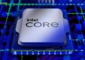 پردازنده مرکزی با لوگوی Core i9 در وسط تصویر قرار دارد. زیر پردازنده، خطوط مدار چاپی (PCB) با نورهای آبی و سبز درخشان تزئین شده‌اند و مکعب‌های کوچک نئونی آبی در اطراف پردازنده به صورت پراکنده دیده می‌شوند که حس سرعت و پردازش داده را القا می‌کنند.