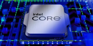 پردازنده مرکزی با لوگوی Core i9 در وسط تصویر قرار دارد. زیر پردازنده، خطوط مدار چاپی (PCB) با نورهای آبی و سبز درخشان تزئین شده‌اند و مکعب‌های کوچک نئونی آبی در اطراف پردازنده به صورت پراکنده دیده می‌شوند که حس سرعت و پردازش داده را القا می‌کنند.