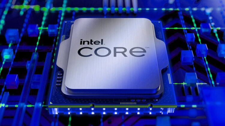 پردازنده مرکزی با لوگوی Core i9 در وسط تصویر قرار دارد. زیر پردازنده، خطوط مدار چاپی (PCB) با نورهای آبی و سبز درخشان تزئین شدهاند و مکعبهای کوچک نئونی آبی در اطراف پردازنده به صورت پراکنده دیده میشوند که حس سرعت و پردازش داده را القا میکنند.