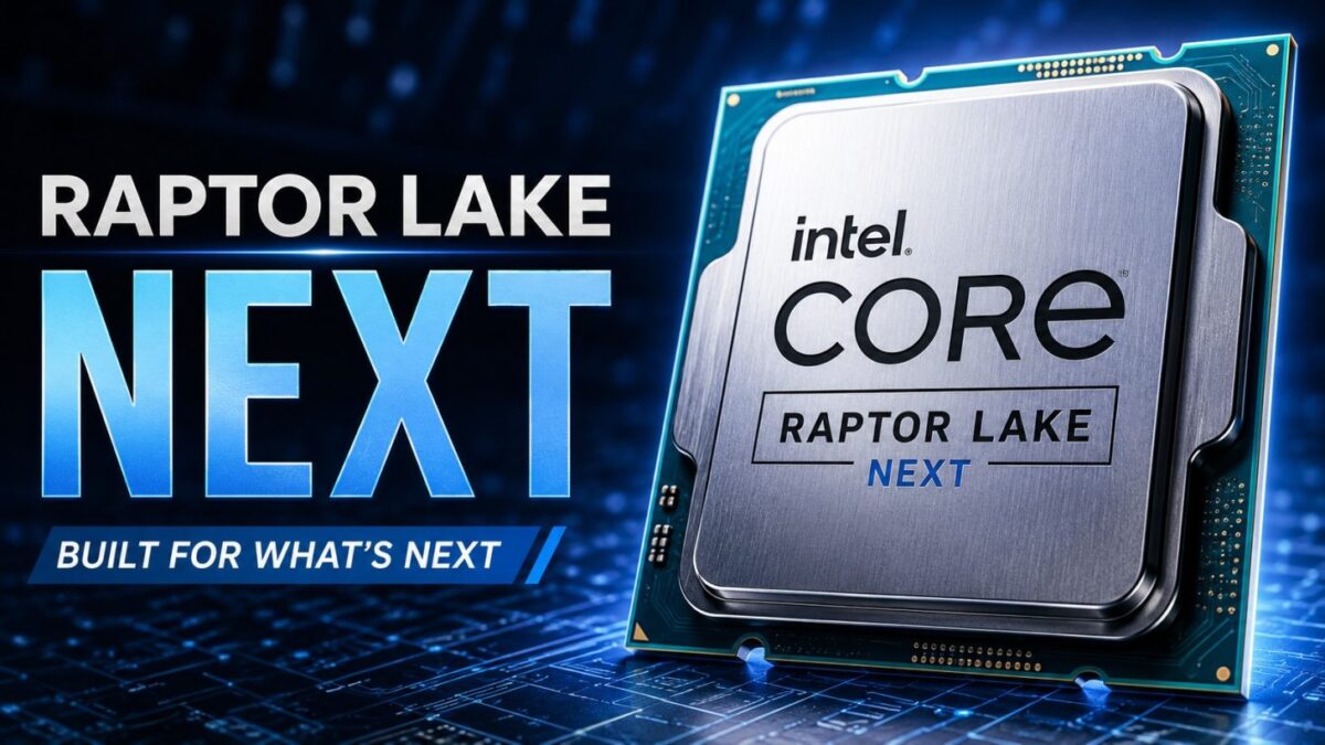 در سمت راست، یک پردازنده اینتل با لبههای فلزی و لوگوی درشت Intel Core دیده میشود که روی آن عبارت Raptor Lake NEXT حک شده است. در سمت چپ، متن درشت “RAPTOR LAKE NEXT” با فونت آبی و سفید روی پسزمینه مداری و دیجیتالی قرار دارد.