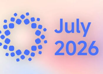 طرح گرافیکی مدرن با پس‌زمینه گرادیانی پاستلی صورتی، کرم و بنفش؛ متن آبی «July 2026» در سمت راست و نماد دایره‌ای ساخته‌شده از مربع‌های آبی در سمت چپ قرار دارد.