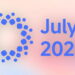طرح گرافیکی مدرن با پسزمینه گرادیانی پاستلی صورتی، کرم و بنفش؛ متن آبی «July 2026» در سمت راست و نماد دایرهای ساختهشده از مربعهای آبی در سمت چپ قرار دارد.