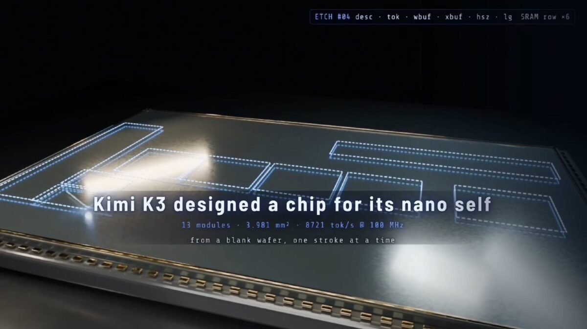 نمای نزدیک یک تراشه با طرح مدارهای داخلی و نوشته Kimi K3 designed a chip for its nano self که طراحی تراشه هوش مصنوعی Kimi K3 را نشان میدهد
