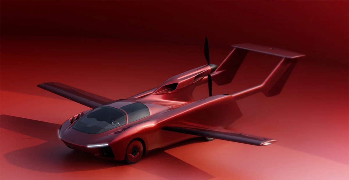 خودروی پرنده هیدروژنی Klein Vision AirCar با بال‌های بازشده در حالت آماده پرواز، ترکیبی از خودرو و هواپیمای بال‌ثابت