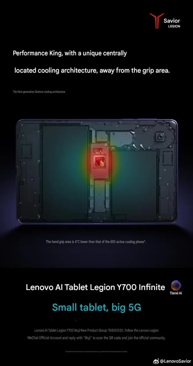 تصویر تبلیغاتی Lenovo Legion Y700 Infinite که سیستم خنککننده متمرکز اطراف یک چیپ Snapdragon را با شعار “Small tablet, big 5G.” نشان میدهد