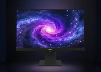 مانیتور مشکی Lenovo ThinkVision روی پایه مشکی با نمایش تصویری از یک کهکشان مارپیچی بنفش، صورتی و آبی روی صفحه، در پس‌زمینه‌ای تیره با هاله نوری ملایم.