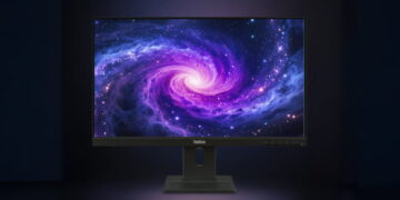 مانیتور مشکی Lenovo ThinkVision روی پایه مشکی با نمایش تصویری از یک کهکشان مارپیچی بنفش، صورتی و آبی روی صفحه، در پسزمینهای تیره با هاله نوری ملایم.