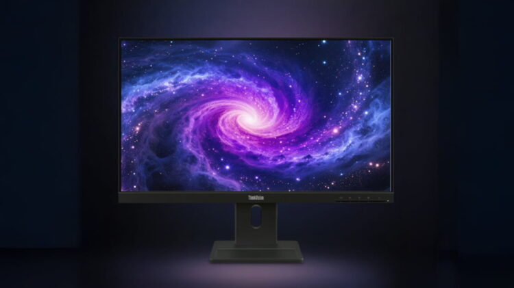 مانیتور مشکی Lenovo ThinkVision روی پایه مشکی با نمایش تصویری از یک کهکشان مارپیچی بنفش، صورتی و آبی روی صفحه، در پسزمینهای تیره با هاله نوری ملایم.