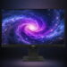 مانیتور مشکی Lenovo ThinkVision روی پایه مشکی با نمایش تصویری از یک کهکشان مارپیچی بنفش، صورتی و آبی روی صفحه، در پسزمینهای تیره با هاله نوری ملایم.