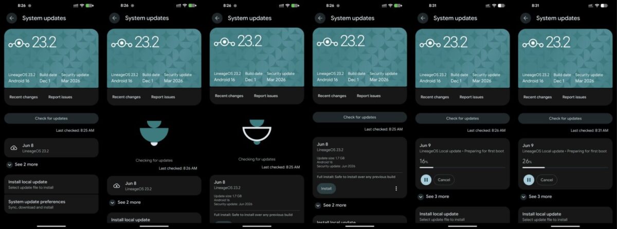 مجموعهای از اسکرینشاتهای رابط کاربری System updates در LineageOS که روند بررسی، دانلود و نصب بهروزرسانی LineageOS 23.2 را نشان میدهد.