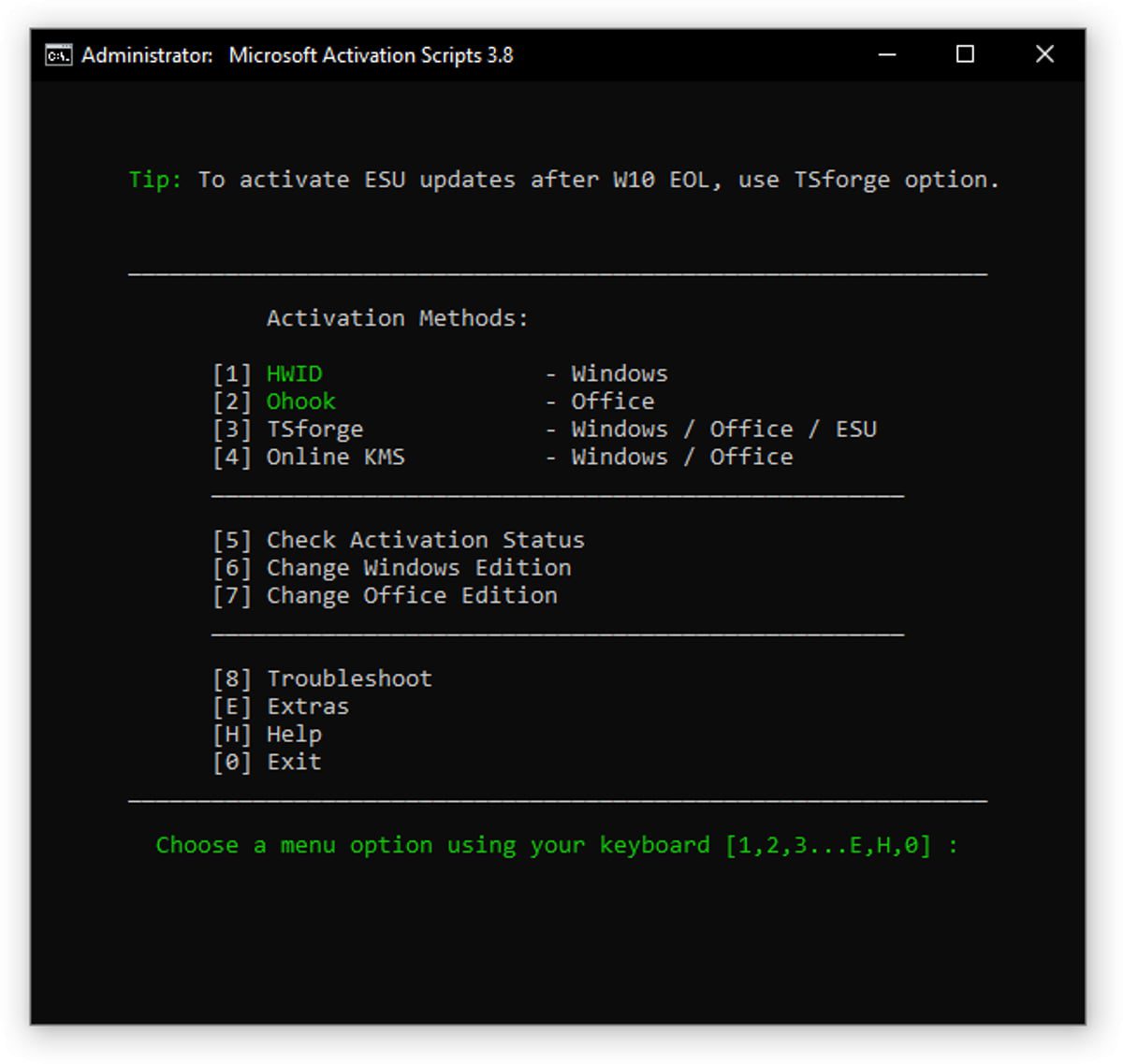 نمای محیط Administrator اسکریپت‌های فعال‌سازی مایکروسافت (MAS) نسخه ۳.۸ در پنجره Command Prompt. این رابط متنی گزینه‌های مختلف فعال‌سازی از جمله HWID برای ویندوز، Ohook برای آفیس و حالت‌های آنلاین KMS را به همراه نکاتی برای فعال‌سازی به‌روزرسانی‌های ESU ویندوز ۱۰ پس از پایان پشتیبانی نشان می‌دهد.