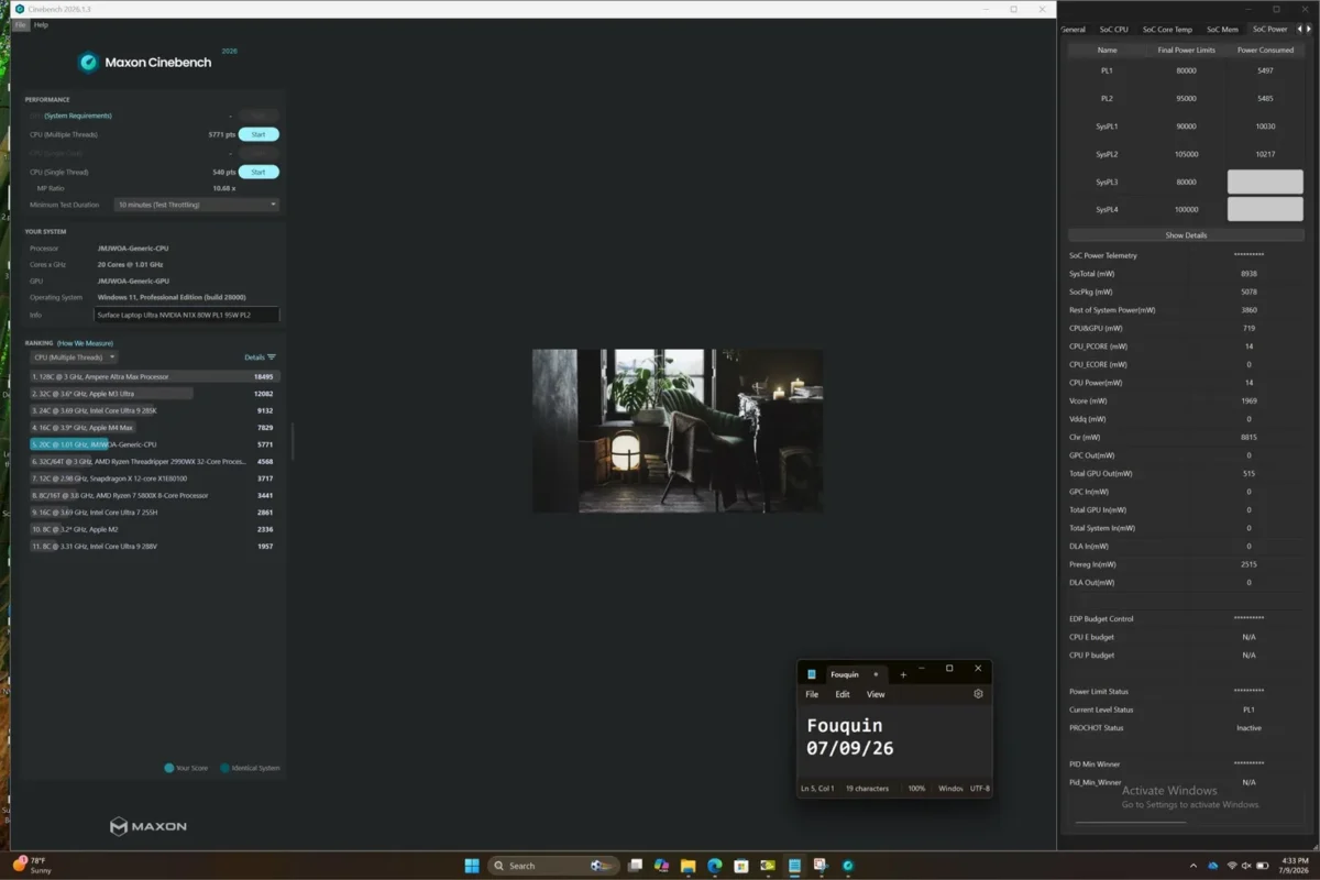 نمایی از Maxon Cinebench 2026 با رندر سهبعدی، پنلهای امتیاز بنچمارک، اطلاعات سیستم و یک پنجره کوچک یادداشت